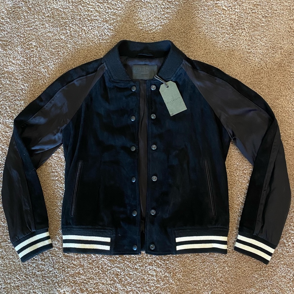 AllSaints Gresley Bomber Jacket Black Velvet Snap Front Size M